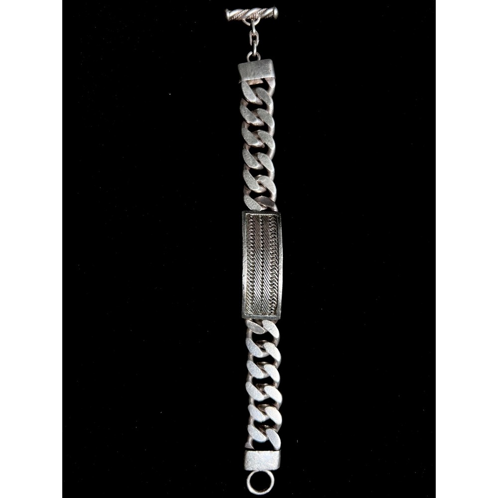 LOIS HILL 7.5" SS 925 Indonesia Textile Weave ID Plate Men's Cuban Link Bracelet